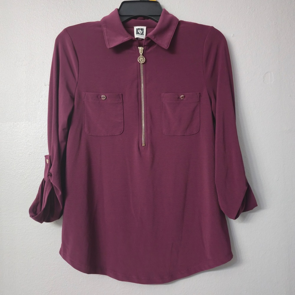 Anne Klein Burgundy Quarter Zip Roll Tab Sleeve Blouse Gold Hardware Plum Top